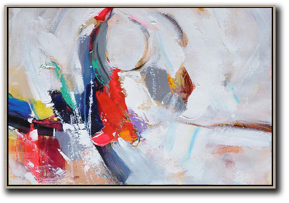 Large Abstract Art Handmade Oil Painting,Horizontal Palette Knife Contemporary Art,Pop Art Canvas,White,Grey,Dark Blue,Red.etc